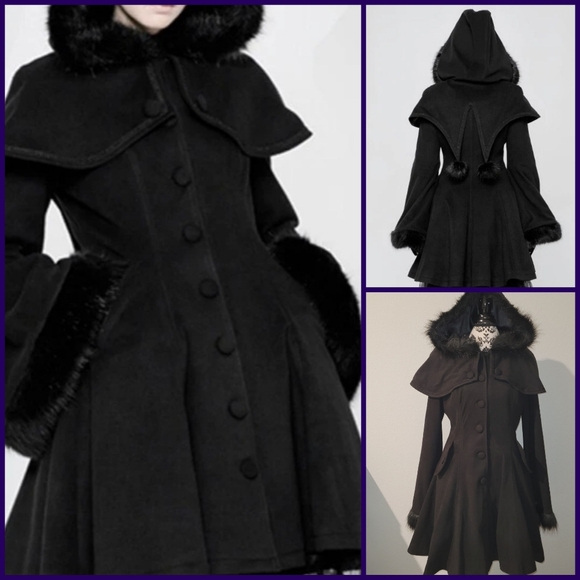 Punk Rave Lolita Doll Victorian Aristocrat Edwardian Hooded Winter A-line Coat - Picture 1 of 14